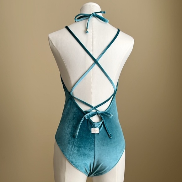 NWOT - Cotazur - Plunge Front Velvet and Mesh Peekaboo One-Piece Swimsuit - M/6 - Picture 2 of 9